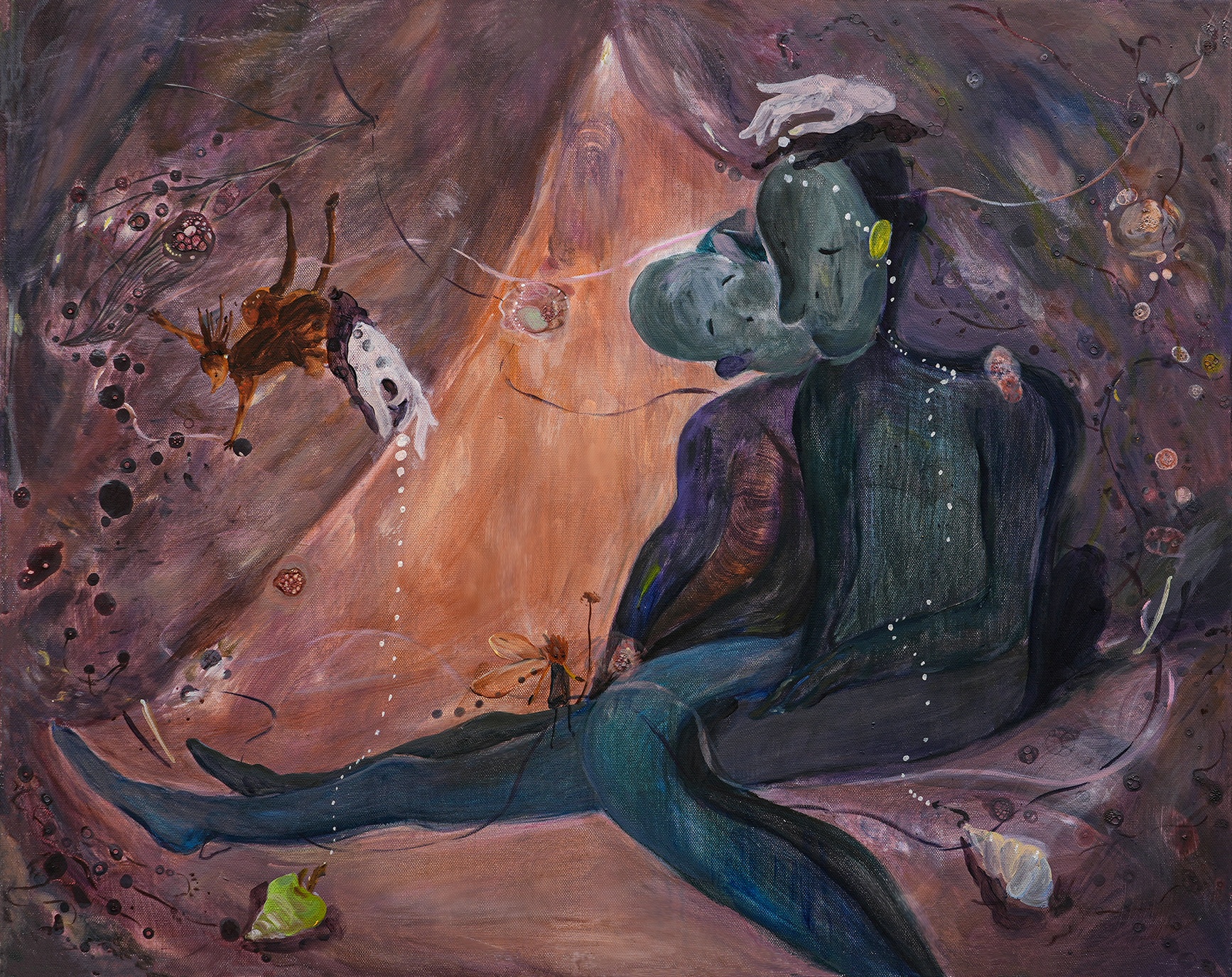 The Two Heads by Yijun Qin, a painting in pink, brown, and blue-green